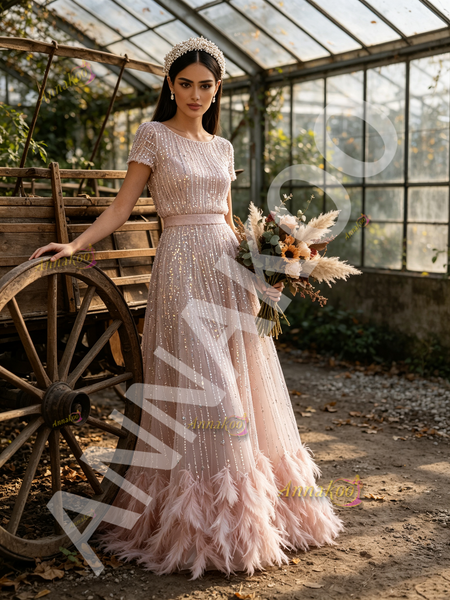 Shop 2026 ANNAKOO Pink Scoop Sequin Short Sleeves Tulle Feather A Line Prom Dress Under 298
