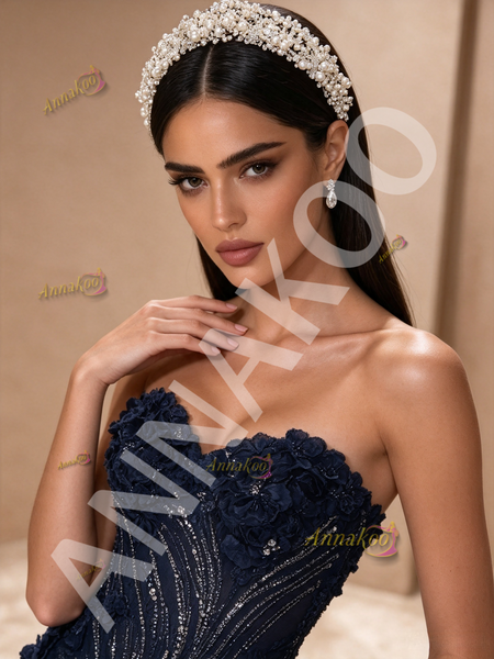 Shop 2026 ANNAKOO Sweetheart Navy Blue Beading Flower Prom Dress With Slit Under 298