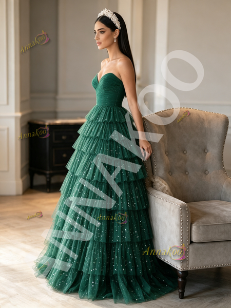 Shop 2026  ANNAKOO Dark Green Sweetheart Ball Gown Sparkle Tulle Prom Dress Under 239