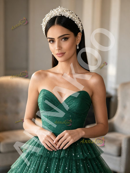 Shop 2026  ANNAKOO Dark Green Sweetheart Ball Gown Sparkle Tulle Prom Dress Under 239