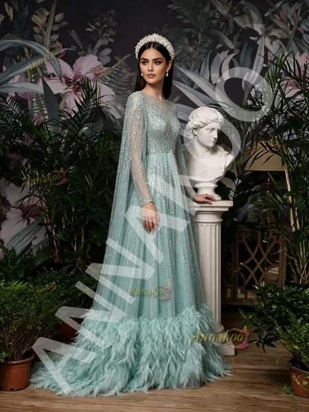 Formal Green Long Sleeve Scoop A Line Cape Prom Dress
