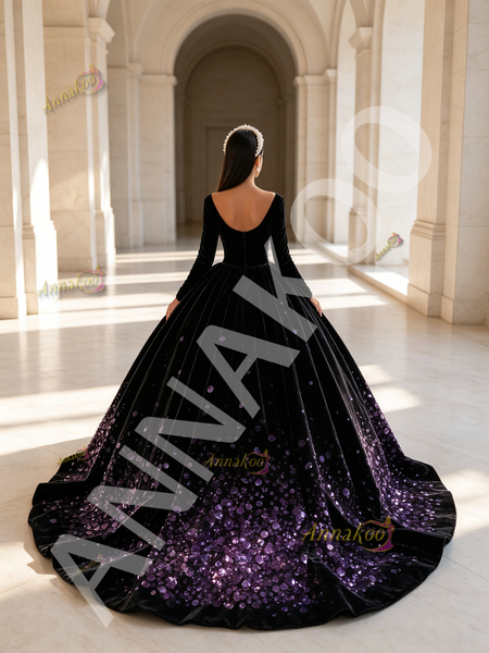 Shop 2026 ANNAKOO Ball Gown Purple Velvet Sequin Long Sleeve Scoop Prom Dress Under 339