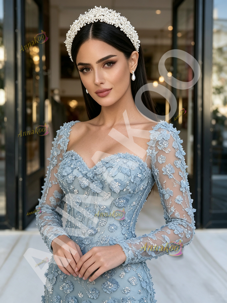  Dusty Blue Beading Long Sleeves Trumpet Mermaid Prom Dress