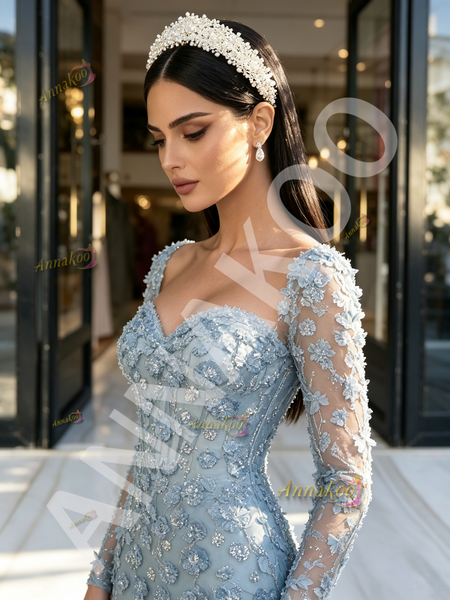  Dusty Blue Beading Long Sleeves Trumpet Mermaid Prom Dress
