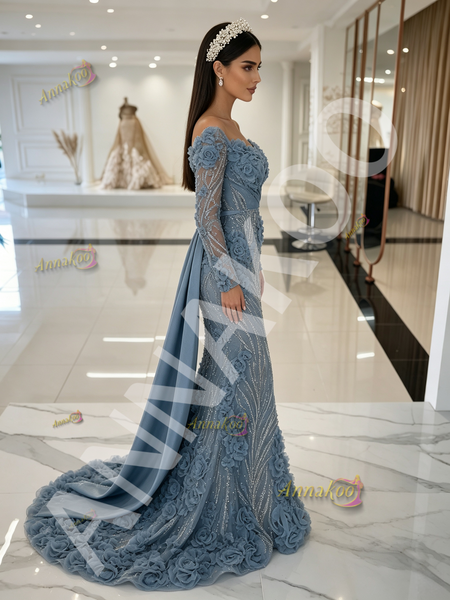 Dusty Blue Beading Long Sleeves Trumpet Mermaid Prom Gown Dress