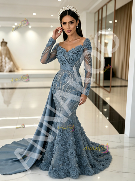 Dusty Blue Beading Long Sleeves Trumpet Mermaid Prom Gown Dress