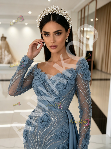 Dusty Blue Beading Long Sleeves Trumpet Mermaid Prom Gown Dress