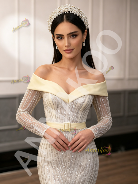 Off Shoulder Long Sleeve Trumpet Mermaid Belt Feather Prom Dress