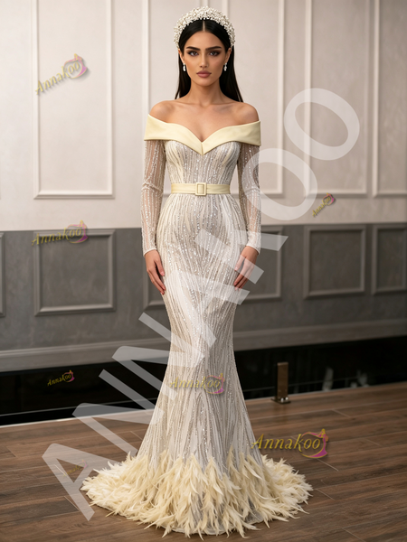 Off Shoulder Long Sleeve Trumpet Mermaid Belt Feather Prom Dress