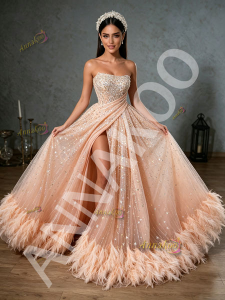 Pink Strapless A-Line Sequin Tulle Prom Dress With Slit Feathers