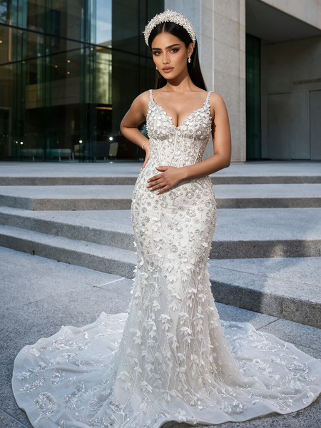 Spaghetti Straps Beading White Sparkle Trumpet Mermaid Prom Dress