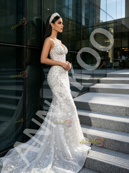 Spaghetti Straps Beading White Sparkle Trumpet Mermaid Prom Dress