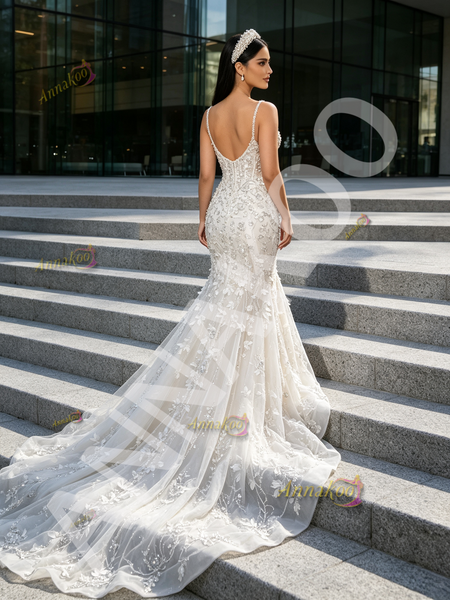 Spaghetti Straps Beading White Sparkle Trumpet Mermaid Prom Dress