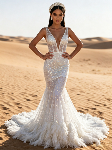 V Neck Feather Sequin Trumpet Mermaid White Prom Dress 