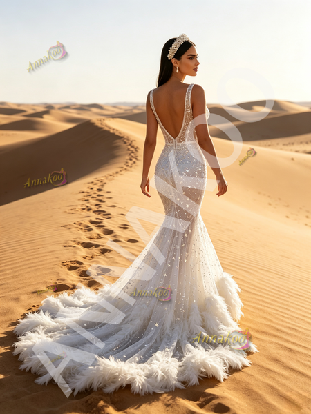 V Neck Feather Sequin Trumpet Mermaid White Prom Dress 