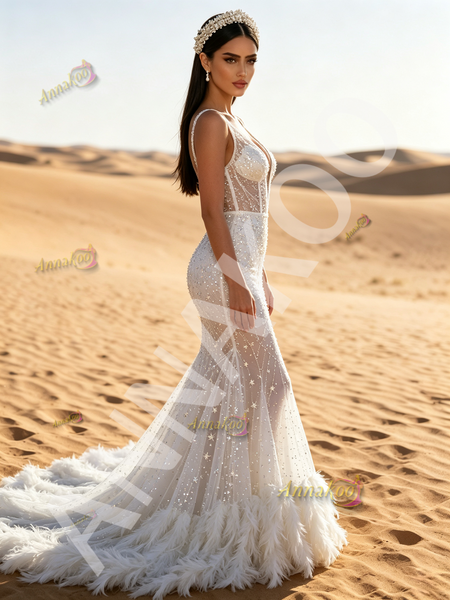 V Neck Feather Sequin Trumpet Mermaid White Prom Dress 