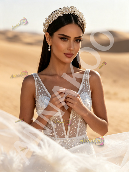 V Neck Feather Sequin Trumpet Mermaid White Prom Dress 
