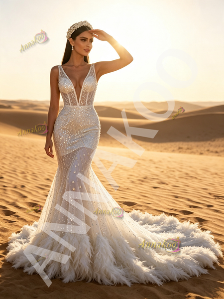 V Neck Feather Sequin Trumpet Mermaid White Prom Dress 