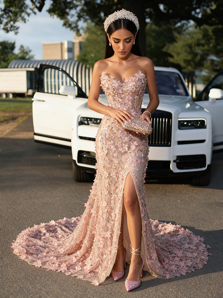 Shop 2026 ANNAKOO Pink Sweetheart Beading Flower Trumpet Mermaid Prom Dress With Slit Under 338