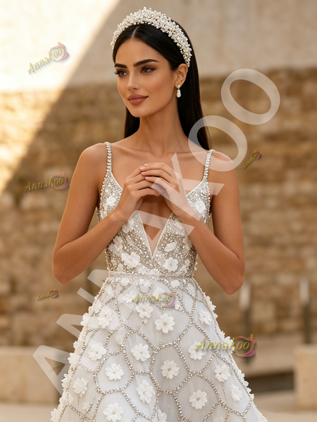 Shop 2026 ANNAKOO V Neck Tulle A Line Flower Beading Sequin White Prom Dress Under 298