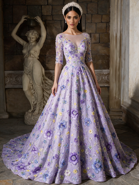 Shop 2026 ANNAKOO Purple Half Sleeves Scoop Purple Beading A Line Flower Prom Dress Under 298