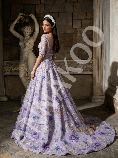 Shop 2026 ANNAKOO Purple Half Sleeves Scoop Purple Beading A Line Flower Prom Dress Under 298