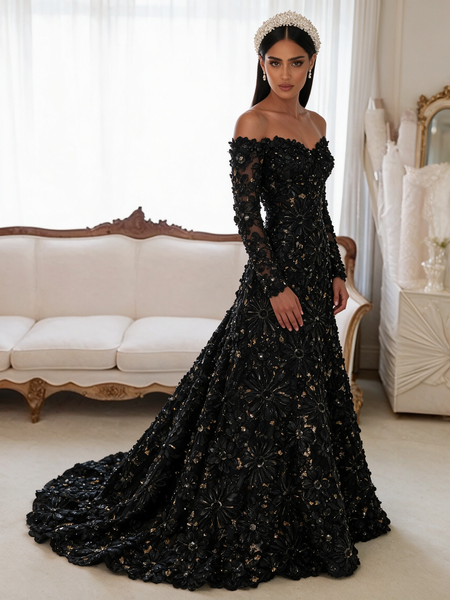 Shop 2026 ANNAKOO Off The Shoulder Trumpet Mermaid Black Beading Flower Long Sleeve Prom Dress Under 339