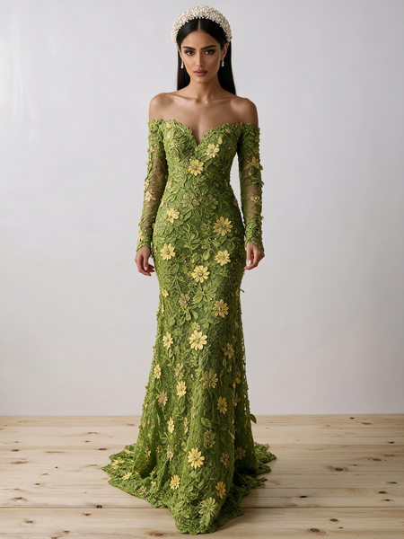 Green Off Shoulder Lace Sheath Column Long Flower Prom Dress