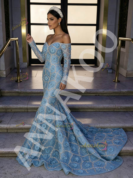 Off The Shoulder Trumpet Mermaid Flower Blue Long Sleeve Prom Dress