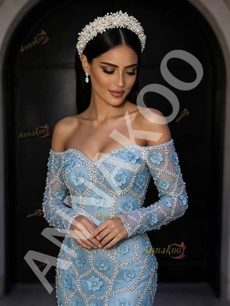 Off The Shoulder Trumpet Mermaid Flower Blue Long Sleeve Prom Dress