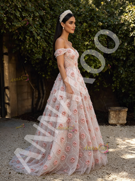 Shop 2026 ANNAKOO Off The Shoulder Pink Flower Beading A Line Tulle Prom Dress Under 298