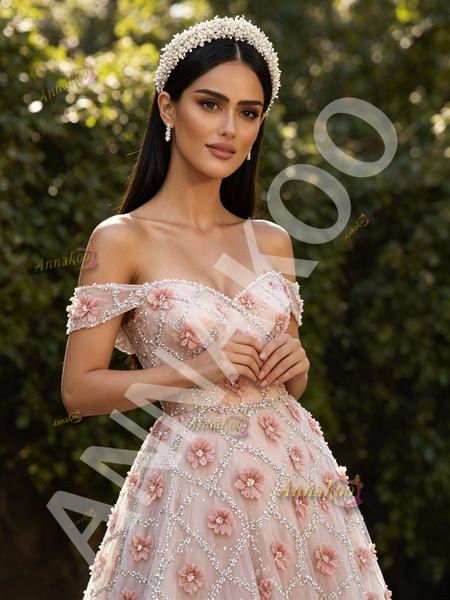 Shop 2026 ANNAKOO Off The Shoulder Pink Flower Beading A Line Tulle Prom Dress Under 298