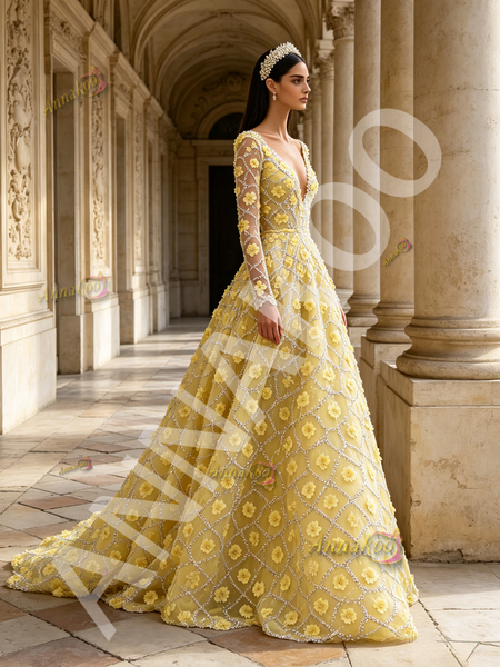 Shop 2026 ANNAKOO Long Sleeve V Neck Yellow A Line Beading Flower Prom Dress Under 298