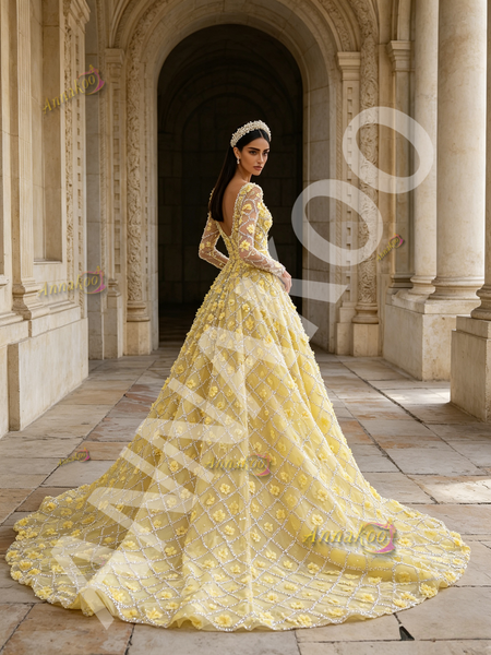 Shop 2026 ANNAKOO Long Sleeve V Neck Yellow A Line Beading Flower Prom Dress Under 298