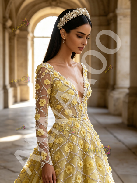Shop 2026 ANNAKOO Long Sleeve V Neck Yellow A Line Beading Flower Prom Dress Under 298