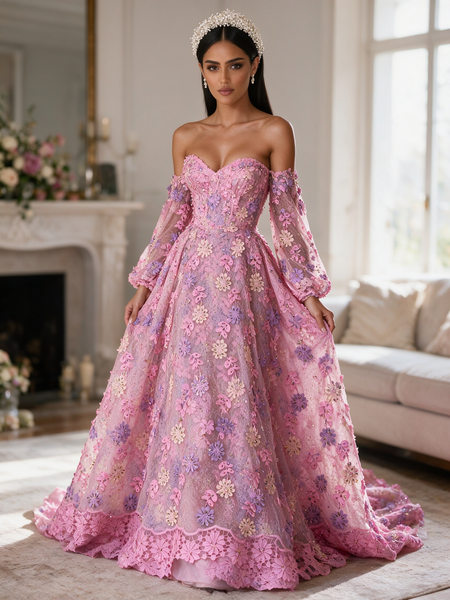 Pink Off Shoulder Lace A-Line Long Sleeve Floral Prom Dress
