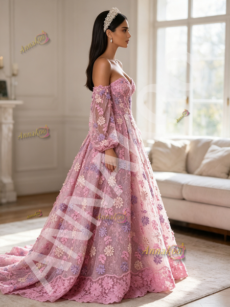 Pink Off Shoulder Lace A-Line Long Sleeve Floral Prom Dress