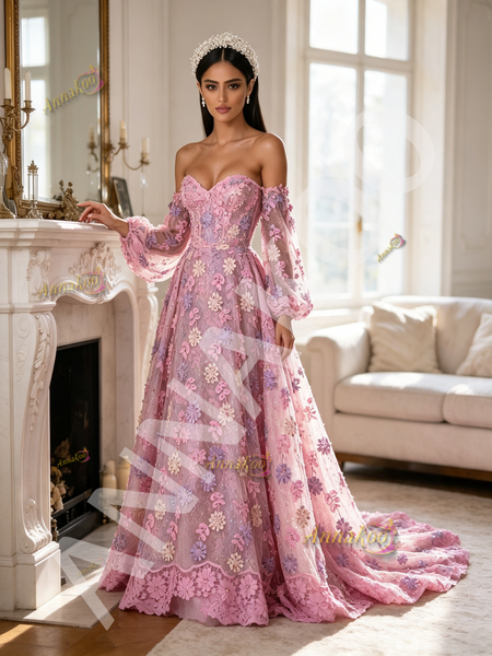 Pink Off Shoulder Lace A-Line Long Sleeve Floral Prom Dress