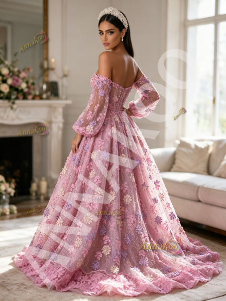 Pink Off Shoulder Lace A-Line Long Sleeve Floral Prom Dress