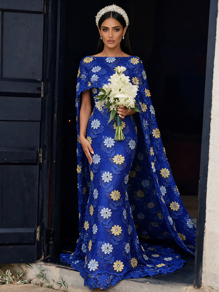 Shop 2026 ANNAKOO Blue Cape Sheath Column Lace Floral Round Prom Dress Under 298