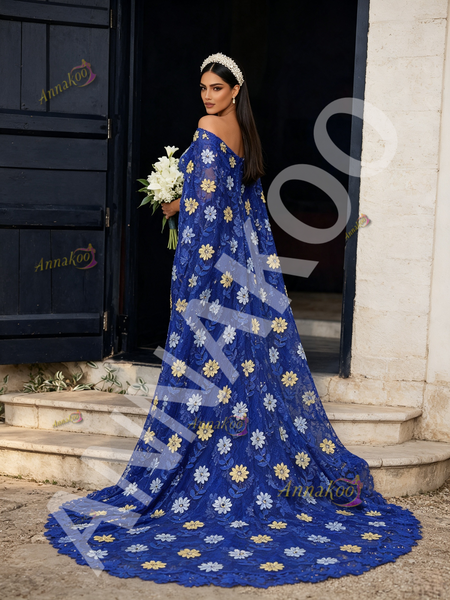Shop 2026 ANNAKOO Blue Cape Sheath Column Lace Floral Round Prom Dress Under 298