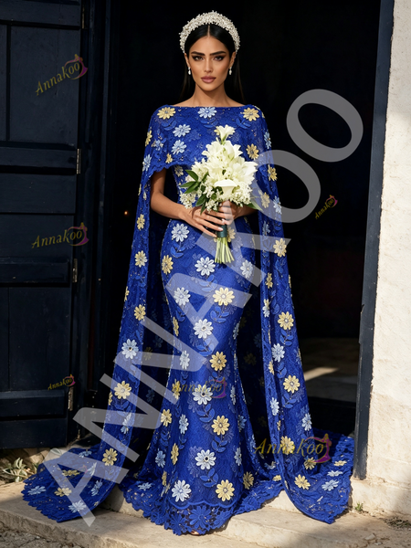 Shop 2026 ANNAKOO Blue Cape Sheath Column Lace Floral Round Prom Dress Under 298
