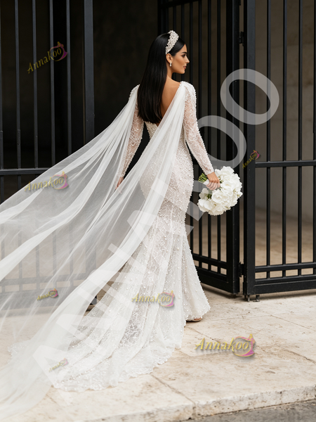 Shop 2026 ANNAKOO V Neck Trumpet Mermaid Pearls Cape Lace Long Sleeves Wedding Dress Under 328