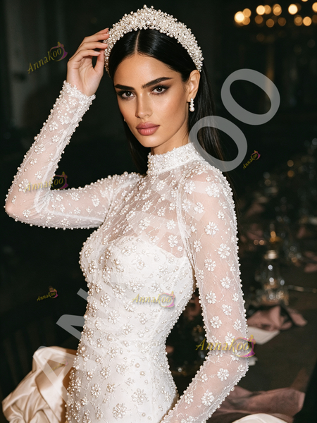 High Neck Sheath Wedding Dress With Crystal Beading And Long Sleeves