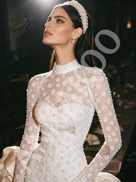High Neck Sheath Wedding Dress With Crystal Beading And Long Sleeves