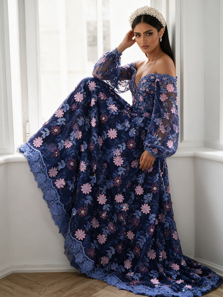 Purple Long Sleeve Off The Shoulder Beading Flower Lace Prom Dress
