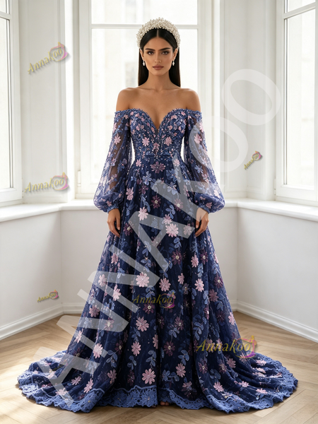Purple Long Sleeve Off The Shoulder Beading Flower Lace Prom Dress