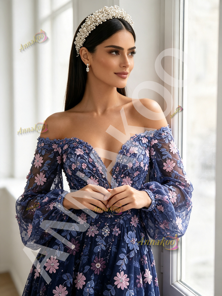 Purple Long Sleeve Off The Shoulder Beading Flower Lace Prom Dress