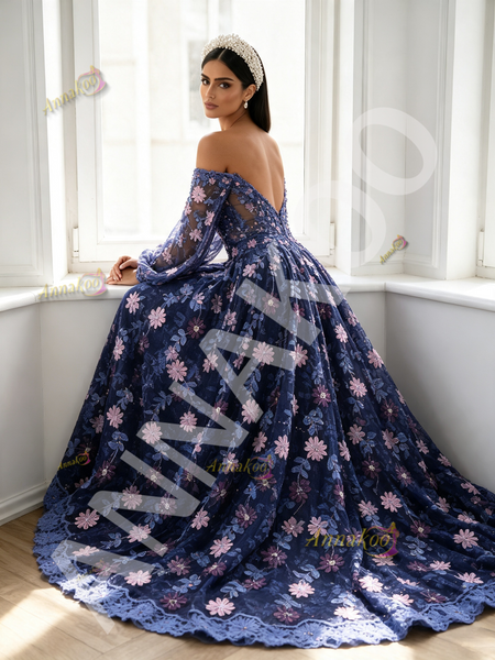 Purple Long Sleeve Off The Shoulder Beading Flower Lace Prom Dress