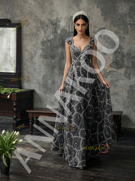 Shop 2026 ANNAKOO Gray Empire V Neck Flower Sequin Beading A Line Prom Dress Under 298